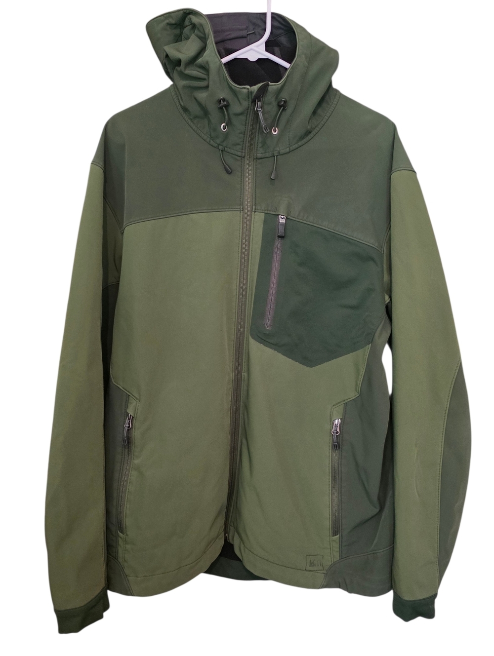 REI EUC Green Colorblock Full Zip Soft Shell Fleece Lined Jacket With Hood Sz L